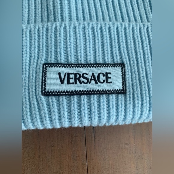 NEW Versace Rib knit 100% wool beanie in blu main image 7